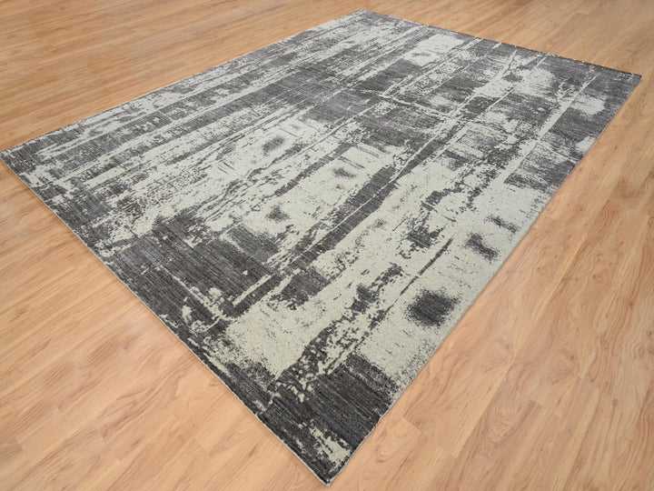 9'0" x 12'0" New Hand Loomed Black Wool & Silk Rectangle Oriental Rug - MOA10263748