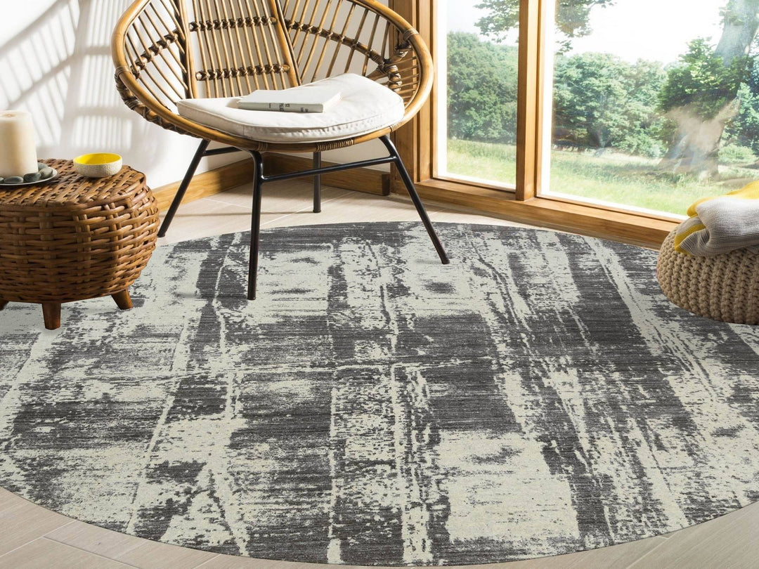 10'0" x 10'0" New Hand Loomed Black Wool & Silk Round Oriental Rug - MOA10263749