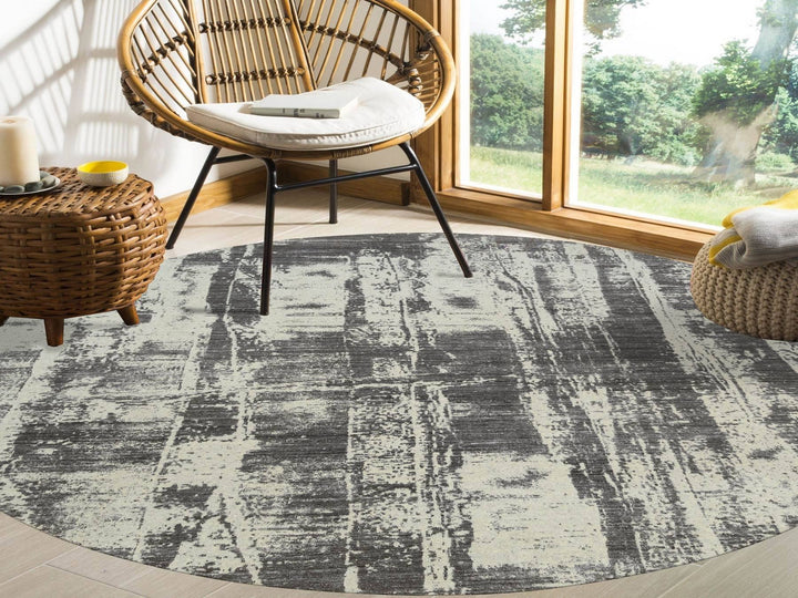 10'0" x 10'0" New Hand Loomed Black Wool & Silk Round Oriental Rug - MOA10263749