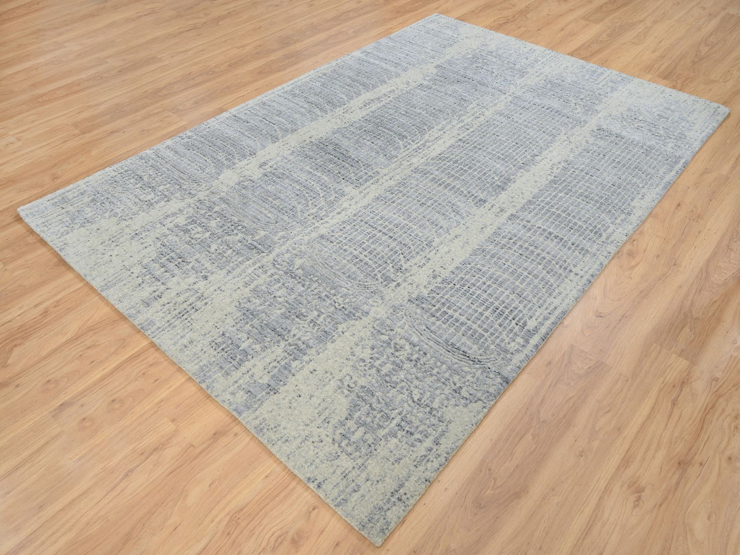 6'0" x 9'0" New Hand Loomed Grey Wool & Silk Rectangle Oriental Rug - MOA10263753
