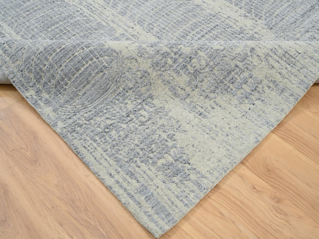 6'0" x 9'0" New Hand Loomed Grey Wool & Silk Rectangle Oriental Rug - MOA10263753