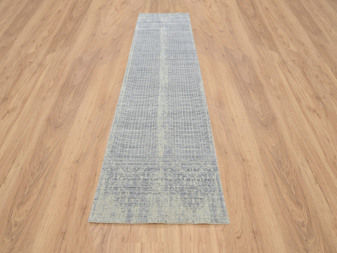 2'6" x 12'0" New Hand Loomed Grey Wool & Silk Runner Oriental Rug - MOA10263755