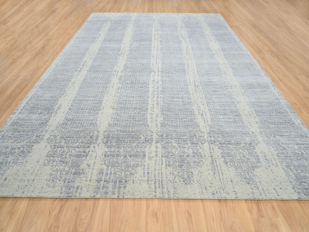 9'10" x 14'0" New Hand Loomed Grey Wool & Silk Rectangle Oriental Rug - MOA10263794