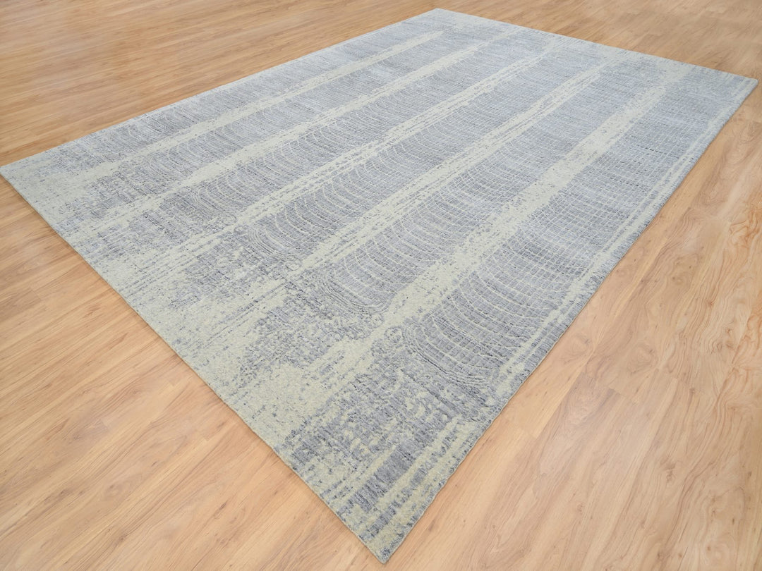 9'10" x 14'0" New Hand Loomed Grey Wool & Silk Rectangle Oriental Rug - MOA10263794