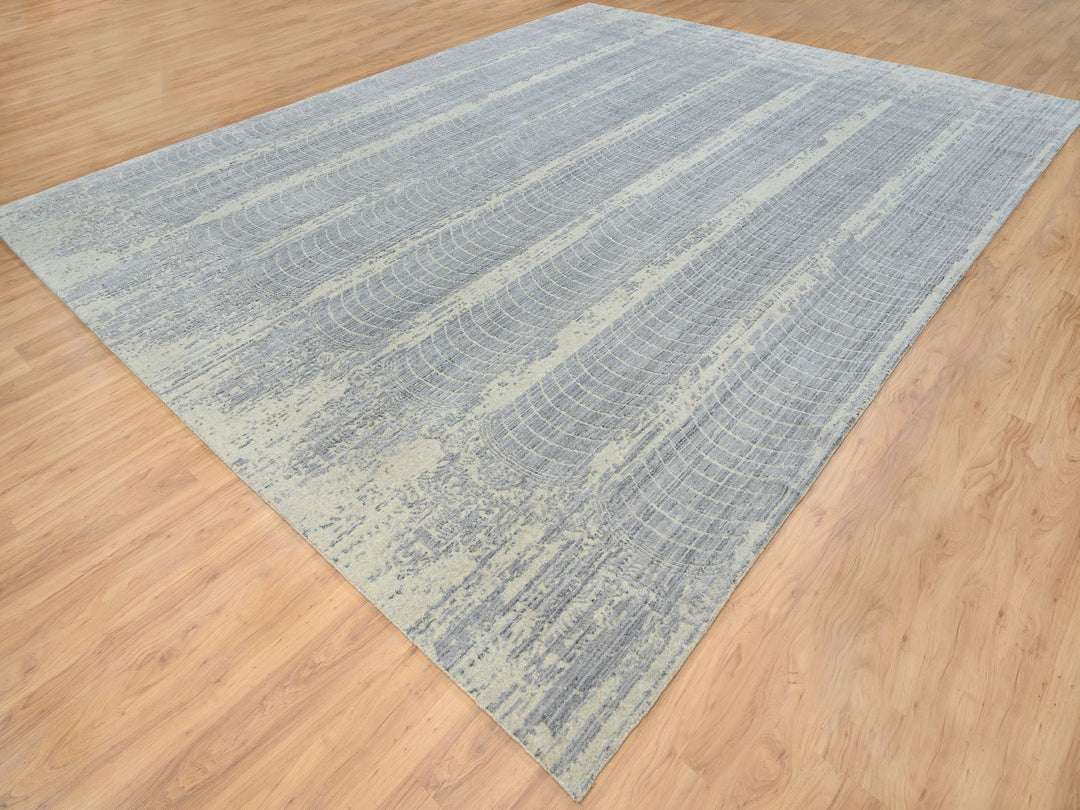 12'0" x 15'2" New Hand Loomed Grey Wool & Silk Rectangle Oriental Rug - MOA10263804