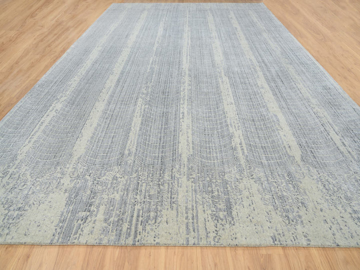 12'0" x 17'10" New Hand Loomed Grey Wool & Silk Rectangle Oriental Rug - MOA10263806