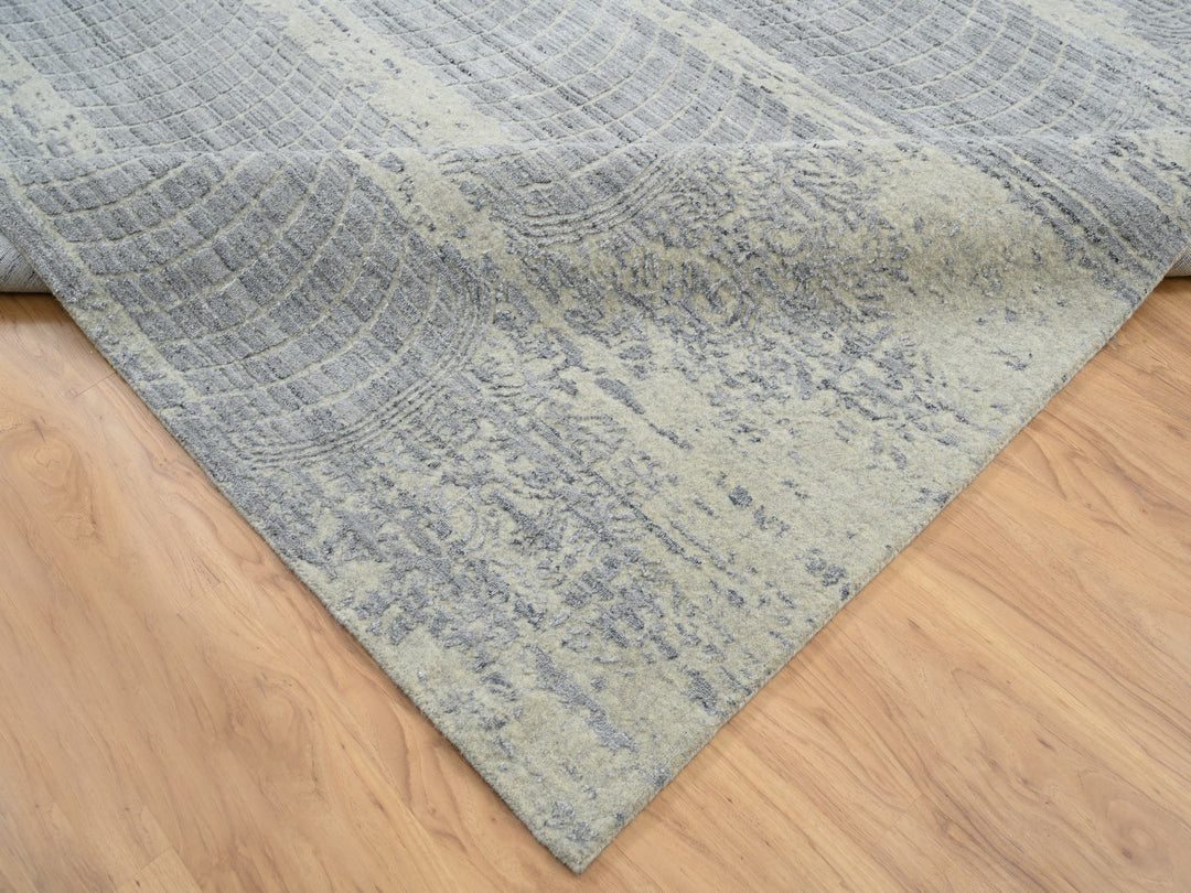 12'0" x 17'10" New Hand Loomed Grey Wool & Silk Rectangle Oriental Rug - MOA10263806