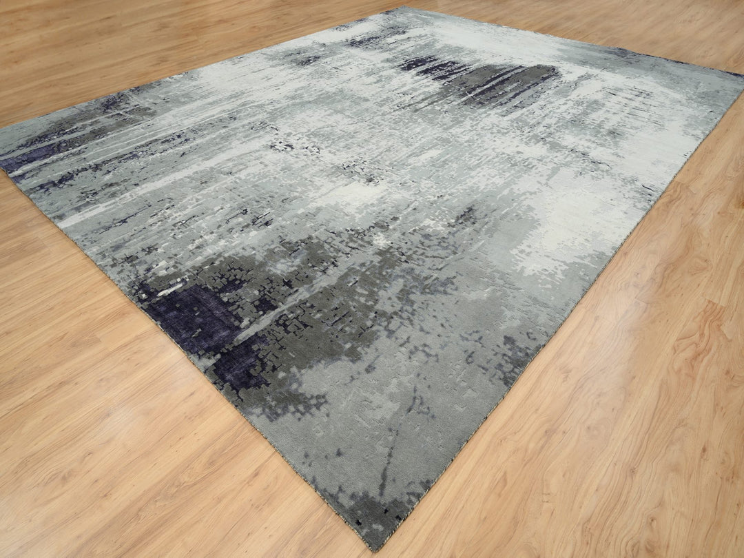 12'1" x 15'0" New Hand Knotted Black Wool & Silk Rectangle Oriental Rug - MOA10263809