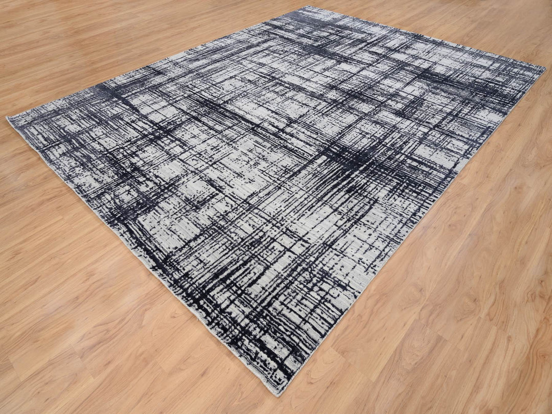 9'0" x 11'10" New Hand Loomed Black Wool & Silk Rectangle Oriental Rug - MOA10263826