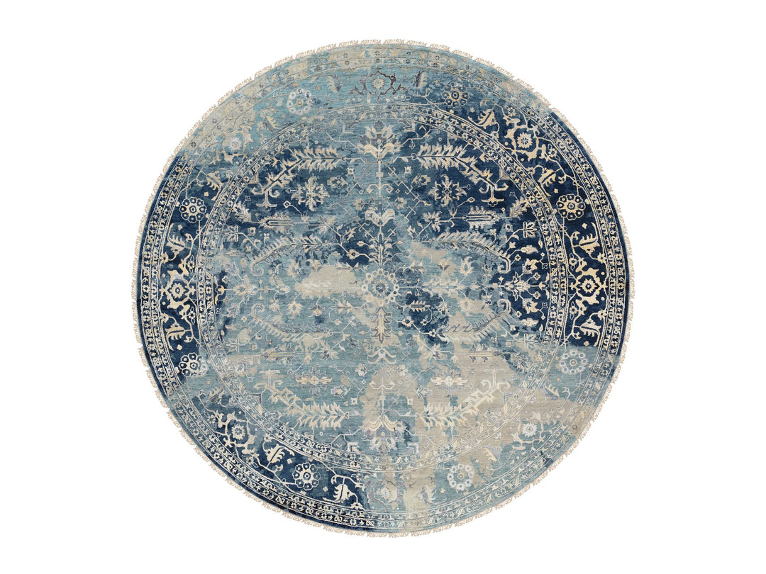 11'10" x 11'10" New Hand Knotted Blue Wool & Silk Round Oriental Rug - MOA10263893
