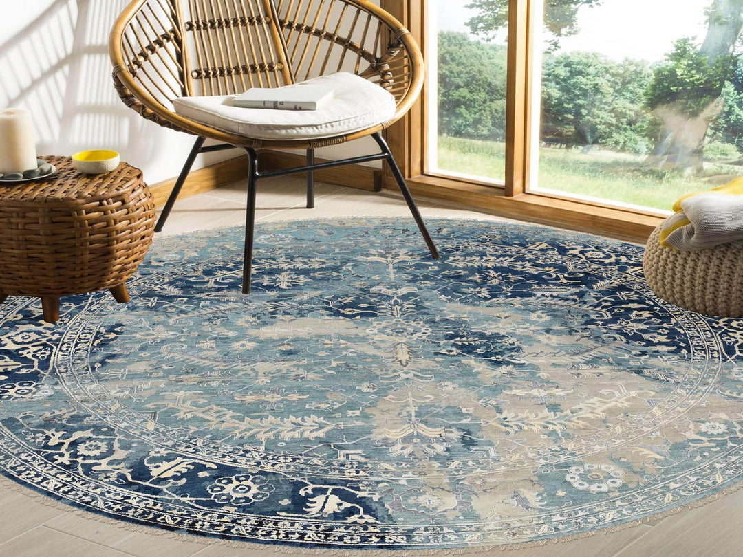 11'10" x 11'10" New Hand Knotted Blue Wool & Silk Round Oriental Rug - MOA10263893