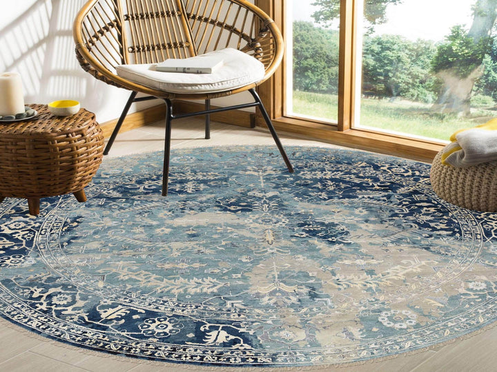 11'10" x 11'10" New Hand Knotted Blue Wool & Silk Round Oriental Rug - MOA10263893
