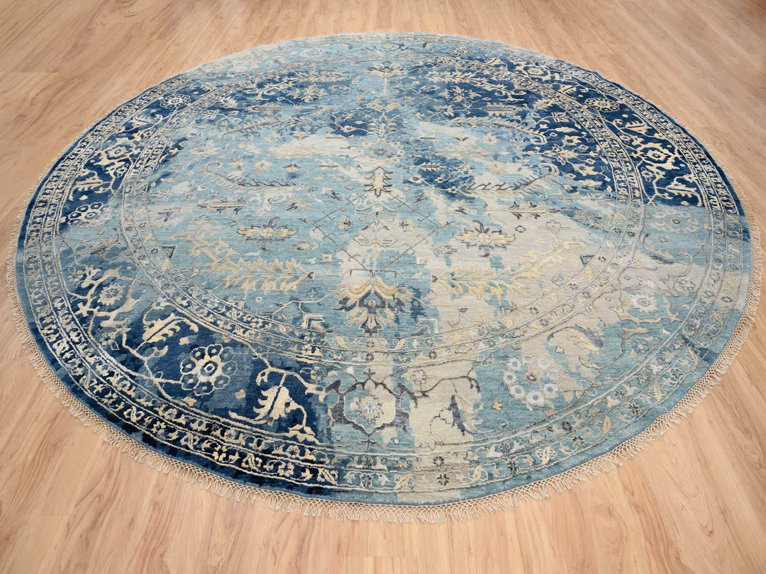 11'10" x 11'10" New Hand Knotted Blue Wool & Silk Round Oriental Rug - MOA10263893