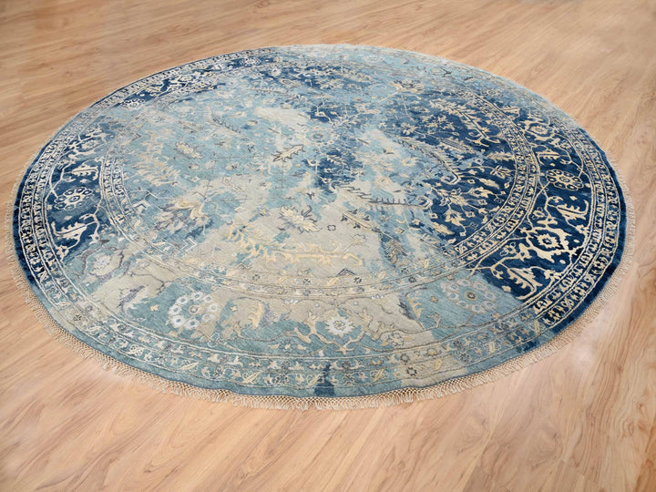 11'10" x 11'10" New Hand Knotted Blue Wool & Silk Round Oriental Rug - MOA10263893