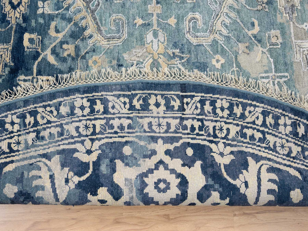 11'10" x 11'10" New Hand Knotted Blue Wool & Silk Round Oriental Rug - MOA10263893
