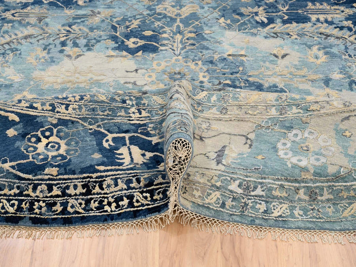 11'10" x 11'10" New Hand Knotted Blue Wool & Silk Round Oriental Rug - MOA10263893