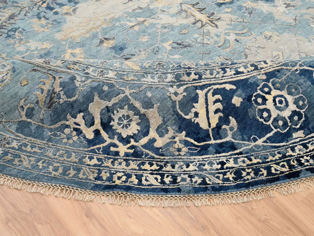 11'10" x 11'10" New Hand Knotted Blue Wool & Silk Round Oriental Rug - MOA10263893