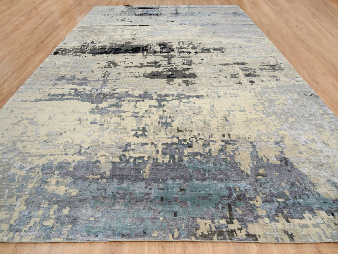 12'0" x 17'9" New Hand Knotted Grey Wool & Silk Rectangle Oriental Rug - MOA10263895