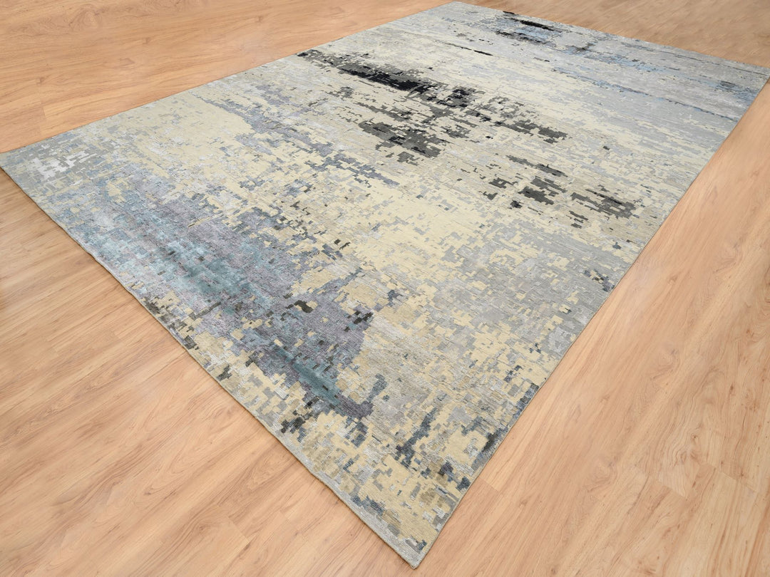 12'0" x 17'9" New Hand Knotted Grey Wool & Silk Rectangle Oriental Rug - MOA10263895