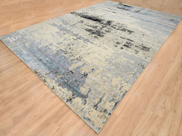 12'0" x 17'9" New Hand Knotted Grey Wool & Silk Rectangle Oriental Rug - MOA10263895