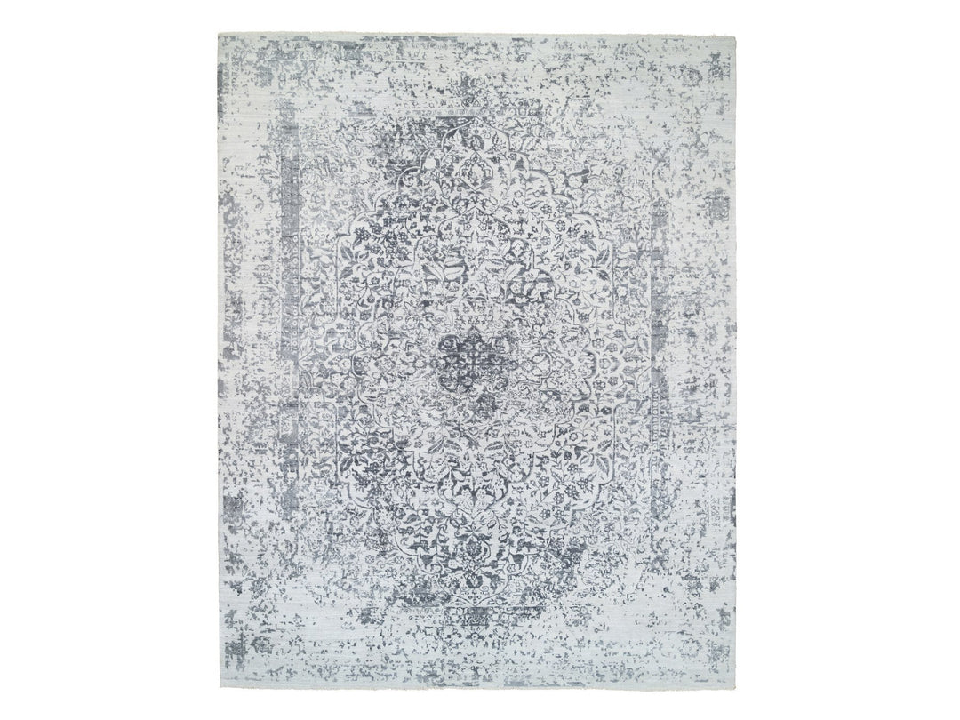 12'1" x 15'1" New Hand Knotted Grey Wool & Silk Rectangle Oriental Rug - MOA10264054