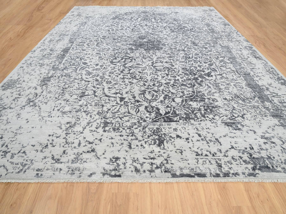 12'1" x 15'1" New Hand Knotted Grey Wool & Silk Rectangle Oriental Rug - MOA10264054