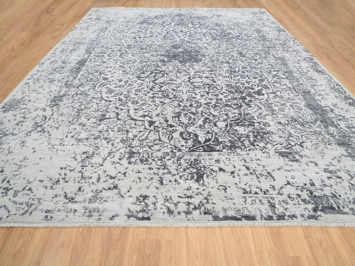 12'1" x 15'1" New Hand Knotted Grey Wool & Silk Rectangle Oriental Rug - MOA10264054