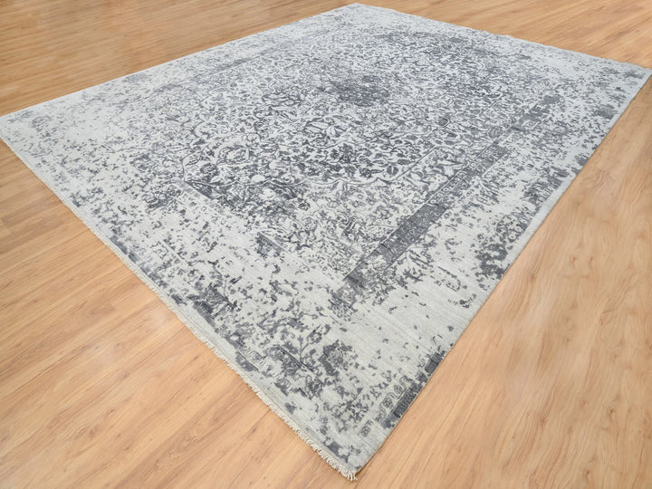 12'1" x 15'1" New Hand Knotted Grey Wool & Silk Rectangle Oriental Rug - MOA10264054