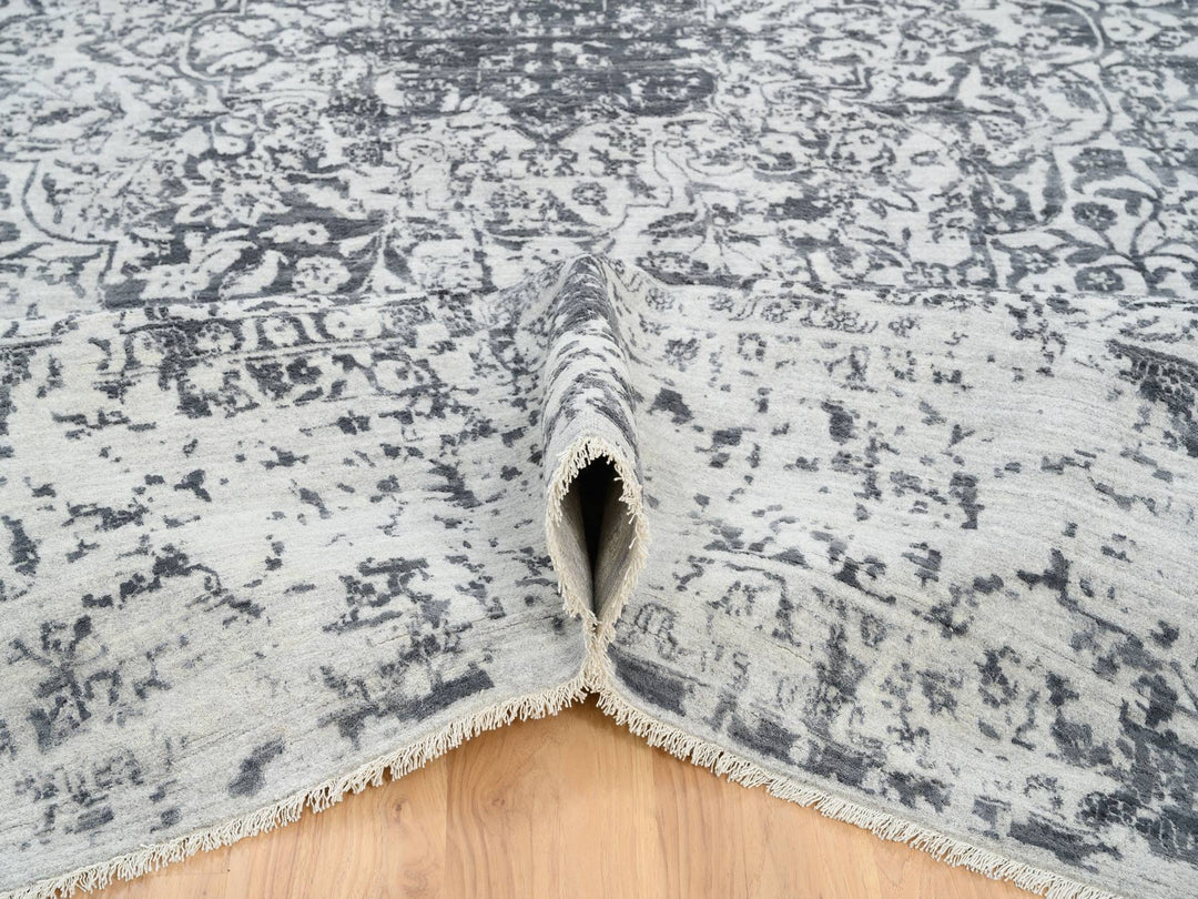 12'1" x 15'1" New Hand Knotted Grey Wool & Silk Rectangle Oriental Rug - MOA10264054