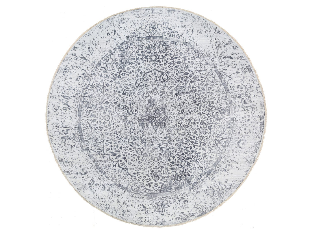 11'9" x 11'9" New Hand Knotted Grey Wool & Silk Round Oriental Rug - MOA10264058