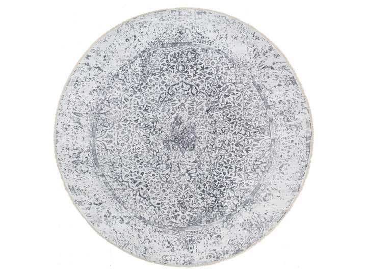 11'9" x 11'9" New Hand Knotted Grey Wool & Silk Round Oriental Rug - MOA10264058