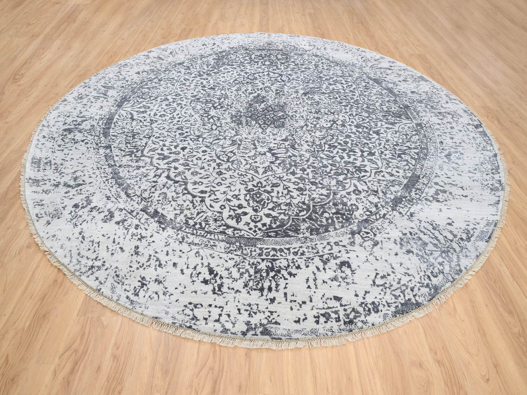 11'9" x 11'9" New Hand Knotted Grey Wool & Silk Round Oriental Rug - MOA10264058