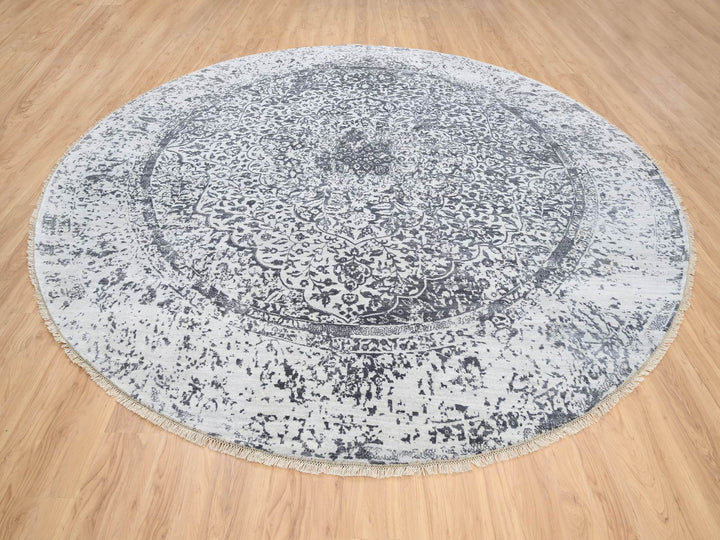 11'9" x 11'9" New Hand Knotted Grey Wool & Silk Round Oriental Rug - MOA10264058