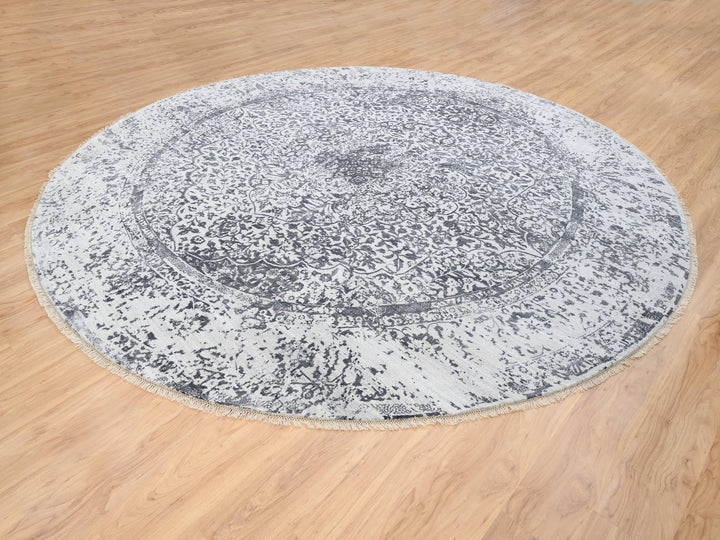 11'9" x 11'9" New Hand Knotted Grey Wool & Silk Round Oriental Rug - MOA10264058