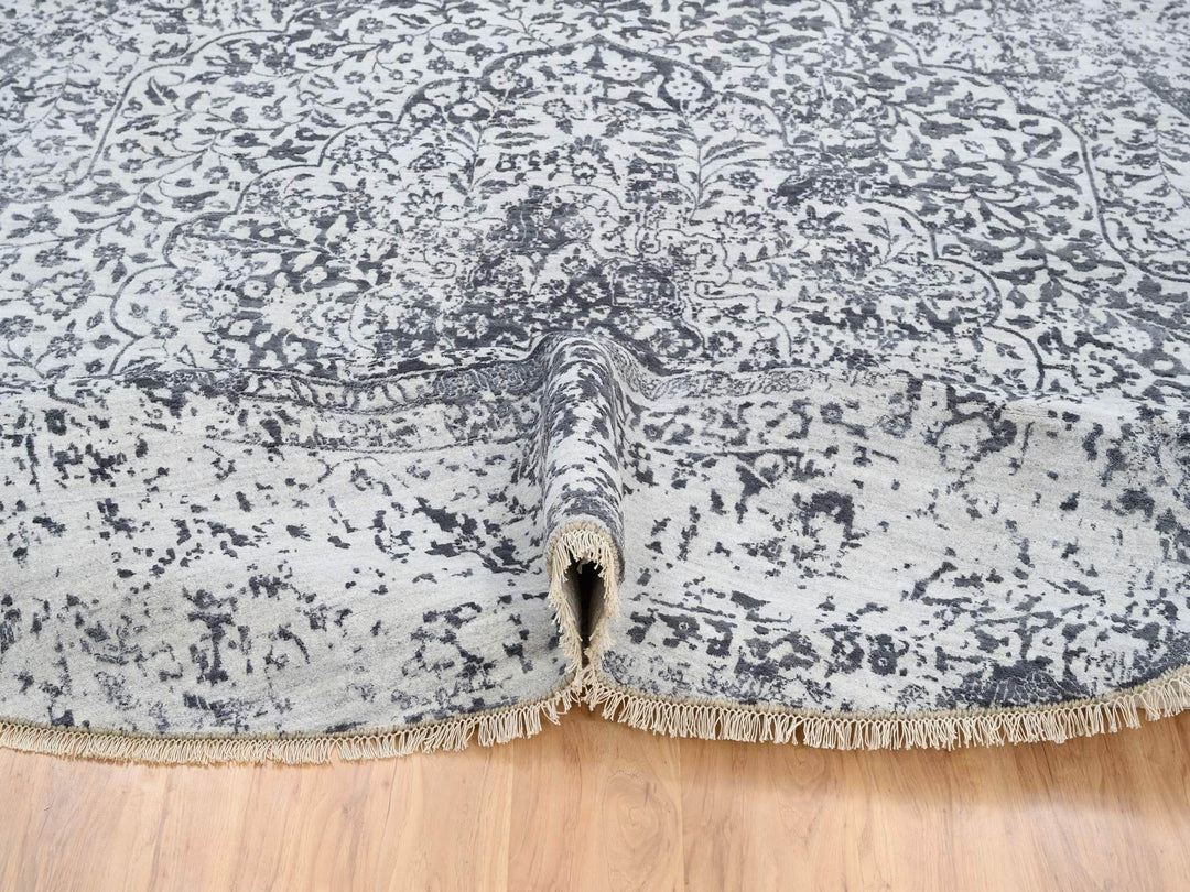 11'9" x 11'9" New Hand Knotted Grey Wool & Silk Round Oriental Rug - MOA10264058