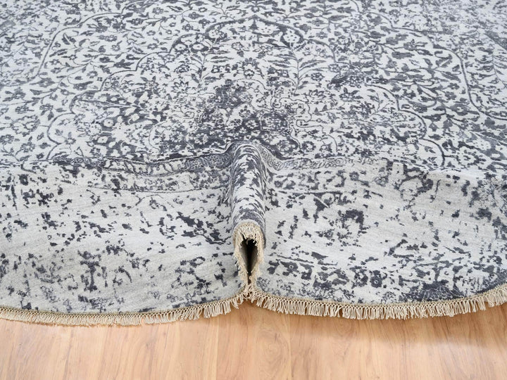 11'9" x 11'9" New Hand Knotted Grey Wool & Silk Round Oriental Rug - MOA10264058