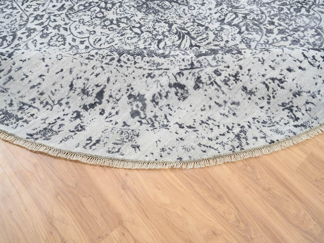 11'9" x 11'9" New Hand Knotted Grey Wool & Silk Round Oriental Rug - MOA10264058
