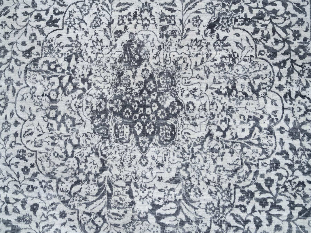 11'9" x 11'9" New Hand Knotted Grey Wool & Silk Round Oriental Rug - MOA10264058