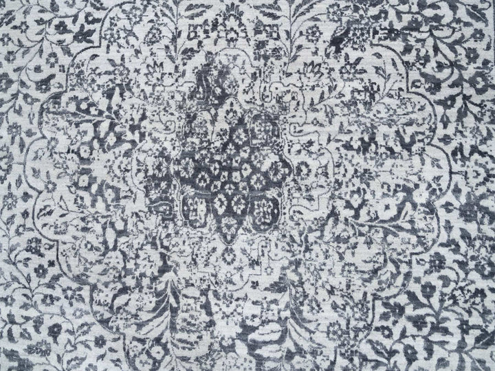 11'9" x 11'9" New Hand Knotted Grey Wool & Silk Round Oriental Rug - MOA10264058