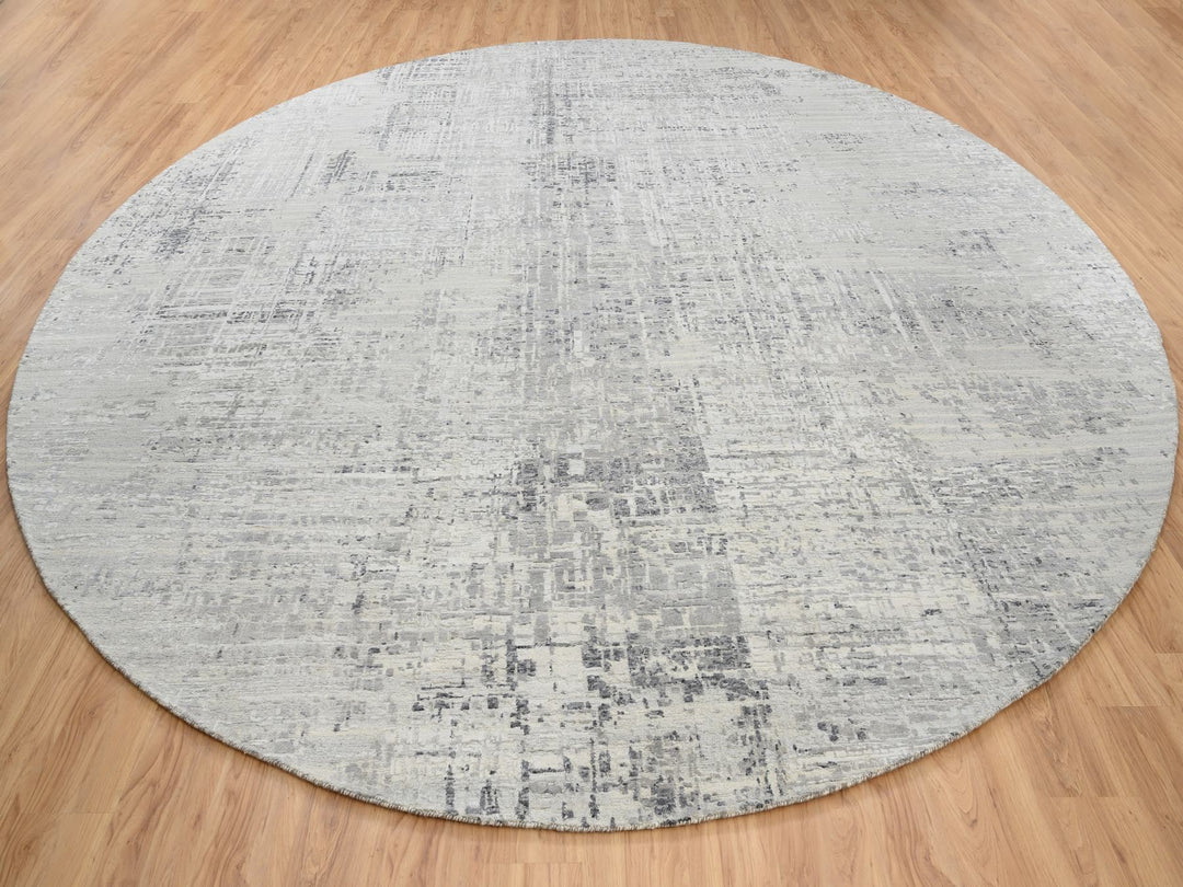 13'9" x 13'9" New Hand Knotted Grey Wool Round Oriental Rug - MOA10264232