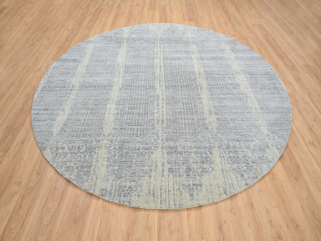 9'0" x 9'0" New Hand Loomed Grey Wool & Silk Round Oriental Rug - MOA10264309