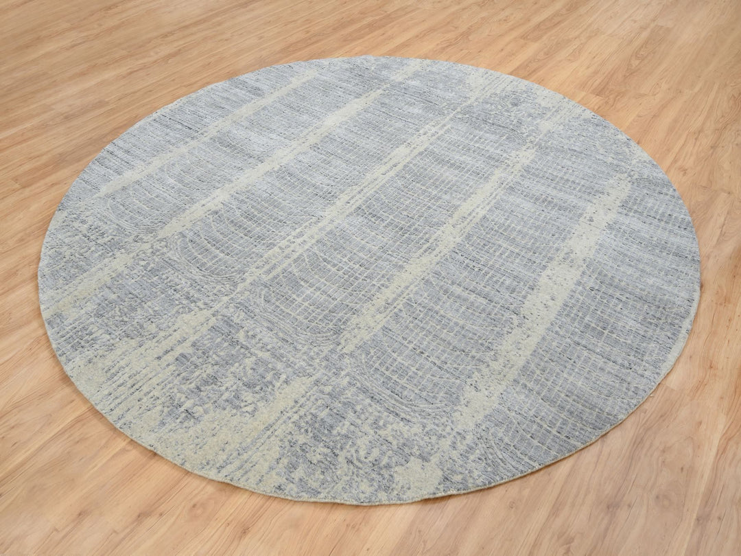 9'0" x 9'0" New Hand Loomed Grey Wool & Silk Round Oriental Rug - MOA10264309