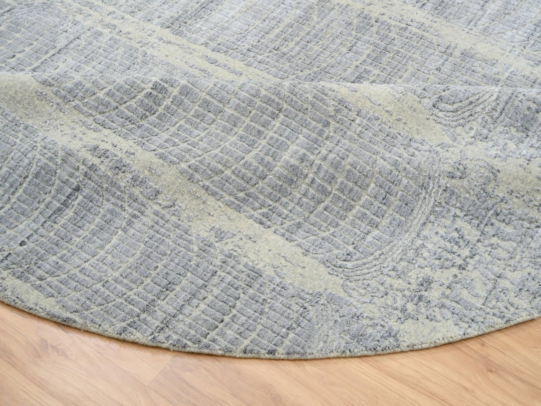 9'0" x 9'0" New Hand Loomed Grey Wool & Silk Round Oriental Rug - MOA10264309