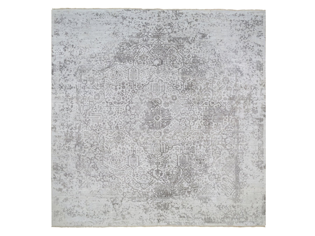 12'0" x 12'0" New Hand Knotted Grey Wool & Pure Silk Square Oriental Rug - MOA10264320