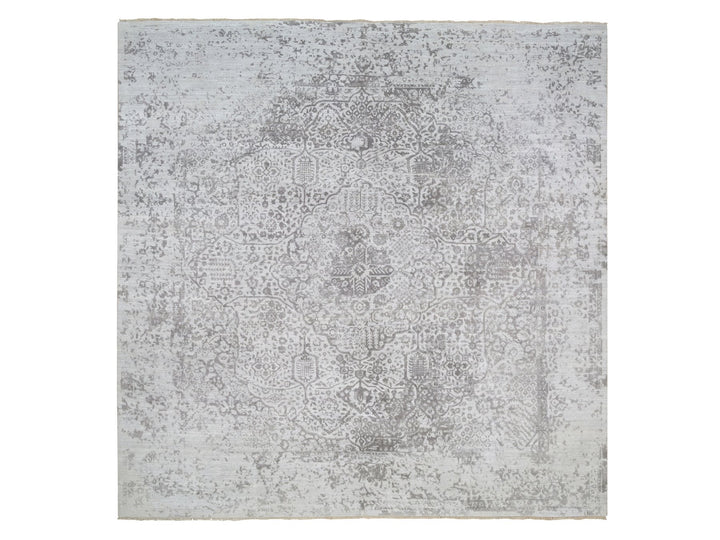 12'0" x 12'0" New Hand Knotted Grey Wool & Pure Silk Square Oriental Rug - MOA10264320