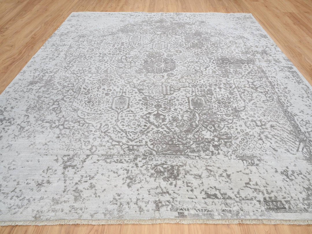 12'0" x 12'0" New Hand Knotted Grey Wool & Pure Silk Square Oriental Rug - MOA10264320