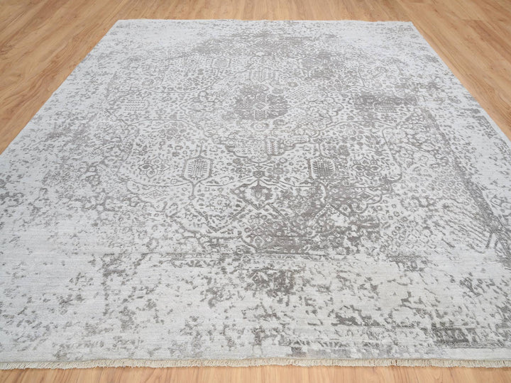 12'0" x 12'0" New Hand Knotted Grey Wool & Pure Silk Square Oriental Rug - MOA10264320