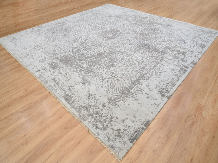 12'0" x 12'0" New Hand Knotted Grey Wool & Pure Silk Square Oriental Rug - MOA10264320