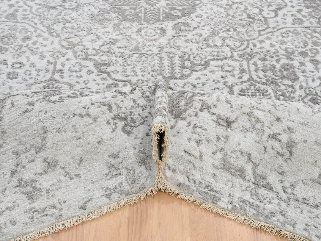 12'0" x 12'0" New Hand Knotted Grey Wool & Pure Silk Square Oriental Rug - MOA10264320