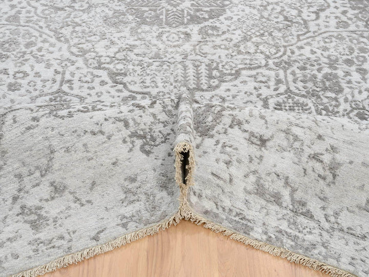 12'0" x 12'0" New Hand Knotted Grey Wool & Pure Silk Square Oriental Rug - MOA10264320